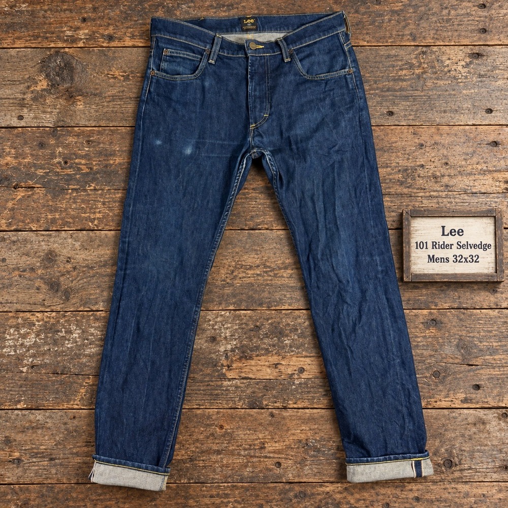 Lee 101 Rider Selvedge Jeans Mens 32x32 Blue Indigo 12oz Slim Tapered Denim